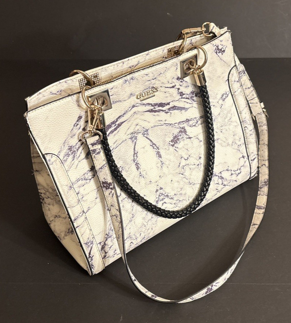 Guess Blue-and-White Marble Print Crossbody Satchel Handbag Purse Braided Strap